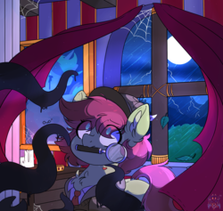 Size: 3000x2841 | Tagged: safe, artist:drawtheuniverse, oc, oc only, oc:anastasia pines, oc:prancy drew, earth pony, pony, unicorn, clothes, female, fluffy, high res, magnifying glass, male, mare, mouth hold, necktie, owo, scared, stallion, tentacles