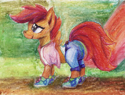 Size: 2075x1582 | Tagged: safe, artist:asdfasfasda, scootaloo, pony, g4, clothes, diaper, diaper fetish, diaper under clothes, female, fetish, non-baby in diaper, pants, shirt, shoes, traditional art