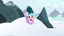 Size: 1919x1079 | Tagged: safe, screencap, cozy glow, pegasus, pony, frenemies (episode), g4, bell, clothes, cozybetes, cute, female, filly, foal, grogar's bell, happy, hat, snow, snowdrift, winter outfit