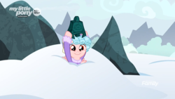 Size: 1919x1079 | Tagged: safe, screencap, cozy glow, pegasus, pony, frenemies (episode), g4, bell, clothes, cozybetes, cute, female, filly, foal, grin, hat, smiling, snow, snowdrift, solo, winter outfit
