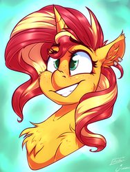Size: 3024x4032 | Tagged: safe, artist:crimmo, artist:drizziedoodles, sunset shimmer, pony, unicorn, g4, abstract background, bust, cheek fluff, chest fluff, cute, ear fluff, ear piercing, earring, female, freckles, grin, jewelry, peppered bacon, piercing, portrait, shimmerbetes, shoulder fluff, smiling, solo