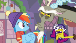 Size: 384x216 | Tagged: safe, edit, edited screencap, screencap, discord, rainbow dash, draconequus, pegasus, pony, equestria girls, g4, my little pony best gift ever, animated, clothes, equestria girls drama, equestria girls logo, female, funny, gif, hater, male, mare, rainbow dash is not amused, scarf, trash can, unamused, winter outfit