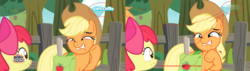Size: 5096x1440 | Tagged: safe, screencap, apple bloom, applejack, earth pony, pony, g4, going to seed, apple sisters, cartoonito logo, circled, duo, faic, female, filly, foal, italian, lip bite, mare, saddle bag, sisters