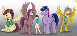 Size: 1920x901 | Tagged: safe, artist:cactuscowboydan, oc, oc:heartstrong flare, oc:king calm merriment, oc:king speedy hooves, oc:queen galaxia (bigonionbean), oc:tommy the human, alicorn, human, pony, alicorn oc, aunt and niece, clothes, commissioner:bigonionbean, conductor hat, dress, father and child, father and daughter, female, fusion, fusion:big macintosh, fusion:caboose, fusion:cheese sandwich, fusion:donut joe, fusion:fancypants, fusion:flash sentry, fusion:princess cadance, fusion:princess celestia, fusion:princess luna, fusion:promontory, fusion:shining armor, fusion:silver zoom, fusion:soarin', fusion:sunburst, fusion:trouble shoes, fusion:twilight sparkle, human oc, male, mare, mother and child, mother and daughter, rule 63, spread wings, stallion, uniform, wing flare, wings, wonderbolt trainee uniform