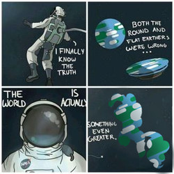 Size: 328x328 | Tagged: safe, artist:hazy skies, edit, pinkie pie, earth pony, human, pony, g4, 4 panel comic, astronaut, comic, earth, flat earth, funny, meme, nasa, space, spacesuit