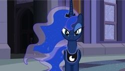Size: 1280x720 | Tagged: artist needed, safe, princess luna, alicorn, pony, g4, canterlot, crown, evil, evil smirk, female, flowing mane, jewelry, lidded eyes, looking at you, mare, regalia, smiling, smirk, solo, stars in mane, window