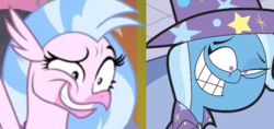Size: 746x351 | Tagged: safe, screencap, silverstream, trixie, classical hippogriff, hippogriff, g4, she's all yak, cape, clothes, comparison, faic, hat, just the two of us, meme, tell me i'm pretty, the fairly oddparents, they know, trixie's cape, trixie's hat, you look so weird