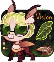Size: 895x1036 | Tagged: safe, artist:amberpone, oc, oc only, oc:vision, oc:vision revision, beetle, pony, antennae, big head, eyebrows, female, full body, glasses, green, green eyes, lighting, lineart, mare, no tail, ponysona, reference sheet, shading, short mane, simple background, standing, transparent background, wings