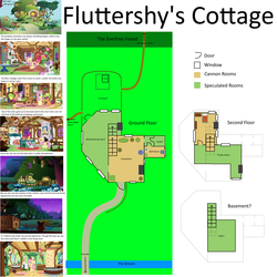 Size: 2000x2000 | Tagged: safe, screencap, apple bloom, fluttershy, philomena, earth pony, pegasus, phoenix, pony, unicorn, a bird in the hoof, g4, season 1, stare master, animation error, bathroom, bow, female, filly, floor plan, fluttershy's cottage, high res, map, mare