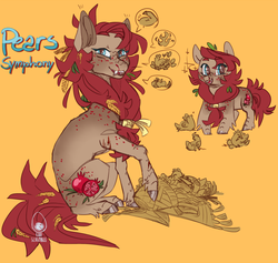 Size: 1055x1000 | Tagged: safe, artist:eqq_scremble, derpibooru exclusive, oc, oc only, oc:pears symphony, bird, chicken, earth pony, hybrid, pony, eqqverse, female, food, freckles, hair tie, interspecies offspring, mare, offspring, parent:applejack, parent:discord, parents:applecord, sharp teeth, simple background, solo, teeth, wheat