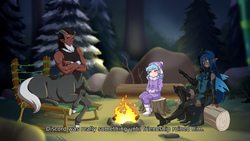 Size: 1280x721 | Tagged: safe, artist:jonfawkes, cozy glow, lord tirek, queen chrysalis, centaur, human, frenemies (episode), g4, boots, campfire, chair, clothes, cloven hooves, elf ears, eye clipping through hair, female, forest, hat, high heel boots, horns, humanized, log, male, nose piercing, nose ring, piercing, pine tree, scene interpretation, septum piercing, shoes, sitting, subtitles, tree, tree stump, trio, winter outfit, woman