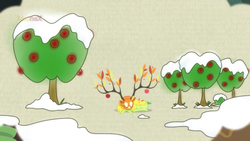 Size: 1280x720 | Tagged: safe, screencap, the great seedling, deer, dryad, elk, g4, going to seed, apple, apple tree, branches for antlers, cute, eyes closed, food, male, sleeping, snow, solo, spirit, tree