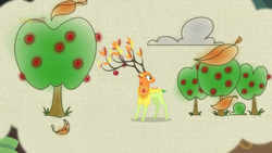 Size: 1280x720 | Tagged: safe, screencap, the great seedling, deer, dryad, elk, g4, going to seed, apple, apple tree, branches for antlers, female, food, solo, spirit, tree
