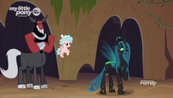 Size: 1600x900 | Tagged: safe, screencap, cozy glow, lord tirek, queen chrysalis, centaur, changeling, changeling queen, pegasus, pony, frenemies (episode), g4, cloven hooves, cozy glow is not amused, crossed arms, discovery family logo, female, filly, flying, foal, former queen chrysalis, hoof on chest, male, nose piercing, nose ring, piercing, septum piercing, tirek is not amused, trio