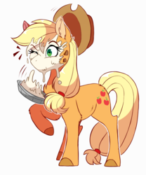 Size: 997x1200 | Tagged: safe, artist:hikariviny, applejack, earth pony, pony, g4, cowboy hat, female, food, hat, mare, pie, pied, silly, silly pony, solo, stetson, who's a silly pony