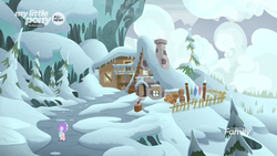 Size: 1600x900 | Tagged: safe, screencap, cozy glow, pegasus, pony, frenemies (episode), g4, cabin, clothes, female, filly, foal, hat, house, mount everhoof, mountain, scenery, snow, tree, winter outfit