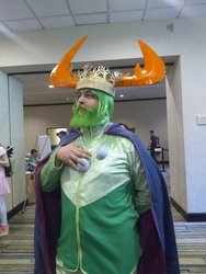 Size: 1536x2048 | Tagged: safe, artist:mummifiedtony, photographer:drummershy, thorax, changedling, changeling, human, g4, beard, clothes, cosplay, costume, everfree northwest, facial hair, green, handsome, irl, irl human, king thorax, majestic, photo