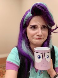 Size: 1536x2048 | Tagged: safe, artist:sarahndipity cosplay, starlight glimmer, human, g4, clothes, cosplay, costume, cup, everfree northwest, everfree northwest 2019, i mean i see, irl, irl human, mug, photo, solo, unamused