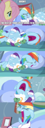 Size: 1028x2885 | Tagged: safe, edit, edited screencap, screencap, fluttershy, rainbow dash, tank, pegasus, pony, g4, tanks for the memories, bed, caption, clothes, comic, crying, end of ponies, image macro, in-universe pegasister, meme, screencap comic, slippers, text, volumetric mouth