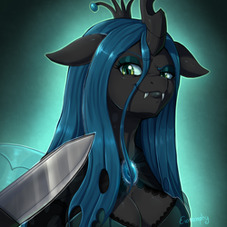 Size: 1500x1500 | Tagged: safe, alternate version, artist:evomanaphy, queen chrysalis, changeling, changeling queen, anthro, frenemies (episode), g4, :3, blade, breasts, busty queen chrysalis, cleavage, clothes, fangs, female, floppy ears, knife, knife cat, lidded eyes, looking at you, meme, ponified animal photo, smug, solo, threat