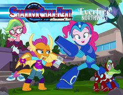 Size: 3300x2550 | Tagged: safe, artist:pixelkitties, gummy, lemon zest, pinkie pie, smolder, dragon, equestria girls, g4, armor, clothes, cosplay, costume, dragoness, everfree forest, female, glasses, high res, mega man, mega man (series), megaman: fully charged, nerd, shannon chan-kent, shoes, sneakers