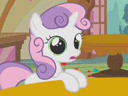 Size: 640x480 | Tagged: safe, screencap, sweetie belle, pony, unicorn, call of the cutie, g4, animated, blinking, cropped, cute, diasweetes, female, filly, gif, looking at you, open mouth, solo, table