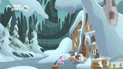 Size: 1366x768 | Tagged: safe, screencap, cozy glow, rusty bucket, earth pony, pegasus, pony, frenemies (episode), g4, angry, axe, cabin, clothes, cozy glow is not amused, duo, female, filly, foal, hat, house, livid, male, pine tree, snow, stallion, tree, trunk, upset, weapon, winter outfit