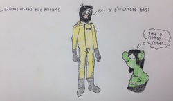 Size: 3245x1895 | Tagged: safe, artist:lone15, oc, oc only, oc:filly anon, human, pony, cute, dialogue, dudes of hazmat, female, filly, hazmat suit, offscreen character, sitting, thought bubble, traditional art