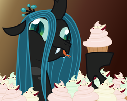Size: 1150x912 | Tagged: safe, artist:lightning stripe, derpibooru exclusive, queen chrysalis, changeling, changeling queen, frenemies (episode), g4, blue hair, crazylis, cupcake, cute, cutealis, derp, fangs, female, food, forked tongue, gradient background, green eyes, horn, show accurate, simple background, solo, that changeling sure does love cupcakes, tongue out, vector