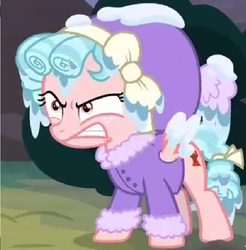 Size: 756x768 | Tagged: safe, screencap, cozy glow, pegasus, pony, frenemies (episode), g4, angry, clothes, coat, cozy glow is not amused, cropped, female, filly, foal, hat, snow, soaked, solo, wet, winter outfit
