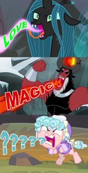 Size: 600x1175 | Tagged: safe, edit, edited screencap, screencap, cozy glow, lord tirek, queen chrysalis, centaur, changeling, changeling queen, pegasus, pony, frenemies (episode), g4, changeling feeding, clothes, female, filly, foal, hat, magic drain, magic theft, male, question mark, that centaur sure does love magic, winter outfit