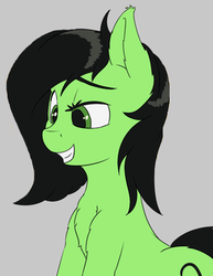 Size: 284x367 | Tagged: safe, artist:starlinesparkle896, oc, oc only, oc:filly anon, earth pony, pony, chest fluff, ear fluff, earth pony oc, female, filly, gray background, looking down, raised eyebrow, simple background, smiling, teeth