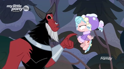 Size: 1366x768 | Tagged: safe, screencap, cozy glow, lord tirek, centaur, pegasus, pony, frenemies (episode), g4, clothes, cozy glow is not amused, discovery family logo, duo, female, filly, foal, hat, male, night, nose piercing, nose ring, piercing, pointing, septum piercing, tree, winter outfit
