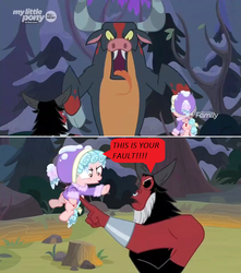 Size: 1364x1540 | Tagged: safe, edit, edited screencap, screencap, cozy glow, lord tirek, centaur, ophiotaurus, pegasus, pony, frenemies (episode), g4, angry, bracer, clothes, comic, cozy glow is not amused, dialogue, female, filly, foal, forest, hat, male, monster, pointing, screencap comic, speech bubble, upset, winter outfit, yelling