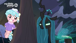 Size: 1366x768 | Tagged: safe, screencap, cozy glow, queen chrysalis, changeling, changeling queen, pegasus, pony, frenemies (episode), g4, clothes, cozy glow is best facemaker, cozybetes, cute, discovery family logo, duo, female, filly, flying, foal, forest, former queen chrysalis, hat, narrowed eyes, night, smiling, winter outfit