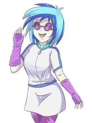 Size: 2728x3637 | Tagged: safe, artist:sumin6301 edits, edit, dj pon-3, vinyl scratch, equestria girls, g4, clothes, female, fingerless gloves, glasses, gloves, high res, leggings, miniskirt, open mouth, simple background, skirt, solo, sunglasses, white background