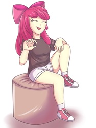 Size: 2728x3637 | Tagged: safe, artist:sumin6301 edits, edit, apple bloom, equestria girls, g4, adorabloom, clothes, converse, cute, eyes closed, female, high res, shirt, shoes, shorts, simple background, sitting, smiling, solo, white background
