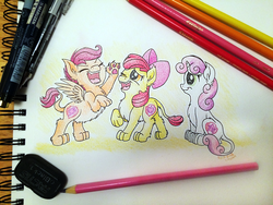 Size: 3264x2448 | Tagged: safe, artist:natsu714, apple bloom, scootaloo, sweetie belle, sphinx, g4, colored pencil drawing, colored pencils, cutie mark, cutie mark crusaders, high res, pale belly, paw pads, paws, pen, species swap, sphinxified, the cmc's cutie marks, traditional art, trio, underpaw