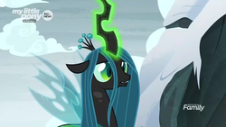 Size: 1366x768 | Tagged: safe, screencap, queen chrysalis, changeling, changeling queen, frenemies (episode), g4, discovery family logo, female, former queen chrysalis, glowing horn, horn, mountain, snow, solo