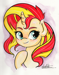 Size: 2892x3652 | Tagged: safe, artist:dantethehuman, sunset shimmer, pony, unicorn, g4, blushing, bust, cute, female, heart eyes, high res, hoof on chest, pink background, portrait, shimmerbetes, signature, simple background, smiling, solo, traditional art, wingding eyes
