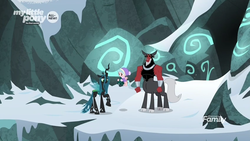 Size: 1366x768 | Tagged: safe, screencap, cozy glow, lord tirek, queen chrysalis, centaur, changeling, changeling queen, pegasus, pony, frenemies (episode), g4, clothes, cloven hooves, discovery family logo, female, filly, foal, grogar's bell, hat, male, mountain, my little pony logo, snow, trio, winter outfit