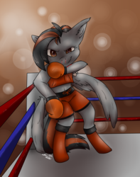 Size: 1960x2485 | Tagged: safe, artist:sue--boo, oc, oc only, oc:dusk strike, pegasus, pony, belly button, bipedal, blood, boxing, boxing gloves, boxing ring, clothes, midriff, nosebleed, solo, sports