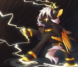 Size: 2200x1900 | Tagged: safe, artist:leafywind, oc, oc only, pony, colored hooves, colored wings, ear fluff, female, grin, horn, leonine tail, lightning, mare, nose wrinkle, profile, rain, smiling, solo, spread wings, starry eyes, thunder, thunderstorm, two toned wings, wingding eyes, wings
