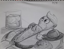 Size: 3176x2448 | Tagged: safe, artist:rockhoppr3, applejack, seapony (g4), g4, female, food, hat, high res, micro, monochrome, pencil drawing, ponies in food, seaponified, seapony applejack, solo, species swap, taco, traditional art