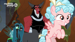 Size: 1920x1080 | Tagged: safe, screencap, cozy glow, lord tirek, queen chrysalis, centaur, changeling, changeling queen, pegasus, pony, frenemies (episode), g4, season 9, bow, bracer, cozybetes, crown, cute, cutealis, discovery family logo, evil lair, female, filly, flying, foal, freckles, grin, grogar's lair, hair bow, hands behind back, jewelry, lair, male, mare, nervous, nervous smile, nose piercing, nose ring, open mouth, piercing, regalia, septum piercing, smiling, tail bow, tirebetes, trio
