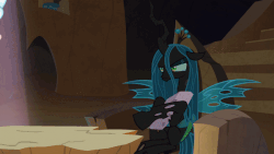 Size: 600x338 | Tagged: safe, edit, screencap, cozy glow, mean twilight sparkle, queen chrysalis, changeling, changeling queen, pegasus, pony, frenemies (episode), g4, animated, dead, duo, female, filly, foal, gif, log, singing, spotlight, twilog