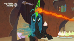 Size: 1280x720 | Tagged: safe, screencap, mean twilight sparkle, queen chrysalis, changeling, changeling queen, frenemies (episode), g4, absurd file size, absurd gif size, animated, clone, cupcake, dead, eating, female, food, gif, glowing horn, horn, implied lord tirek, log, magic drain, magic theft, offscreen character, puffy cheeks, solo, swallowing, that centaur sure does love magic, twilog, unamused, wood