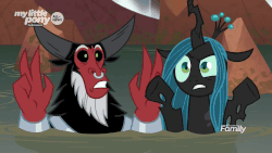 Size: 1280x720 | Tagged: safe, screencap, lord tirek, queen chrysalis, centaur, changeling, changeling queen, frenemies (episode), g4, air quotes, all new, animated, better way to be bad, cute, cutealis, discovery family logo, duo, female, frown, male, nose piercing, nose ring, open mouth, piercing, raised eyebrow, septum piercing, singing, text, tirebetes, underhoof, water, wide eyes