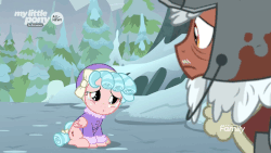 Size: 1280x720 | Tagged: safe, screencap, cozy glow, rusty bucket, pegasus, pony, frenemies (episode), g4, animated, clothes, cozy glow is best facemaker, cozybetes, cute, discovery family logo, duo, duo male and female, eye shimmer, female, filly, foal, hat, male, pouting, puppy dog eyes, pure concentrated unfiltered evil of the utmost potency, sad, stallion, winter outfit