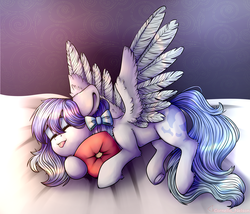 Size: 3500x3000 | Tagged: safe, artist:cornelia_nelson, oc, oc only, pegasus, pony, bow, commission, cute, hair bow, high res, hug, ocbetes, pillow, pillow hug, sleeping, spread wings, tongue out, wingboner, wings